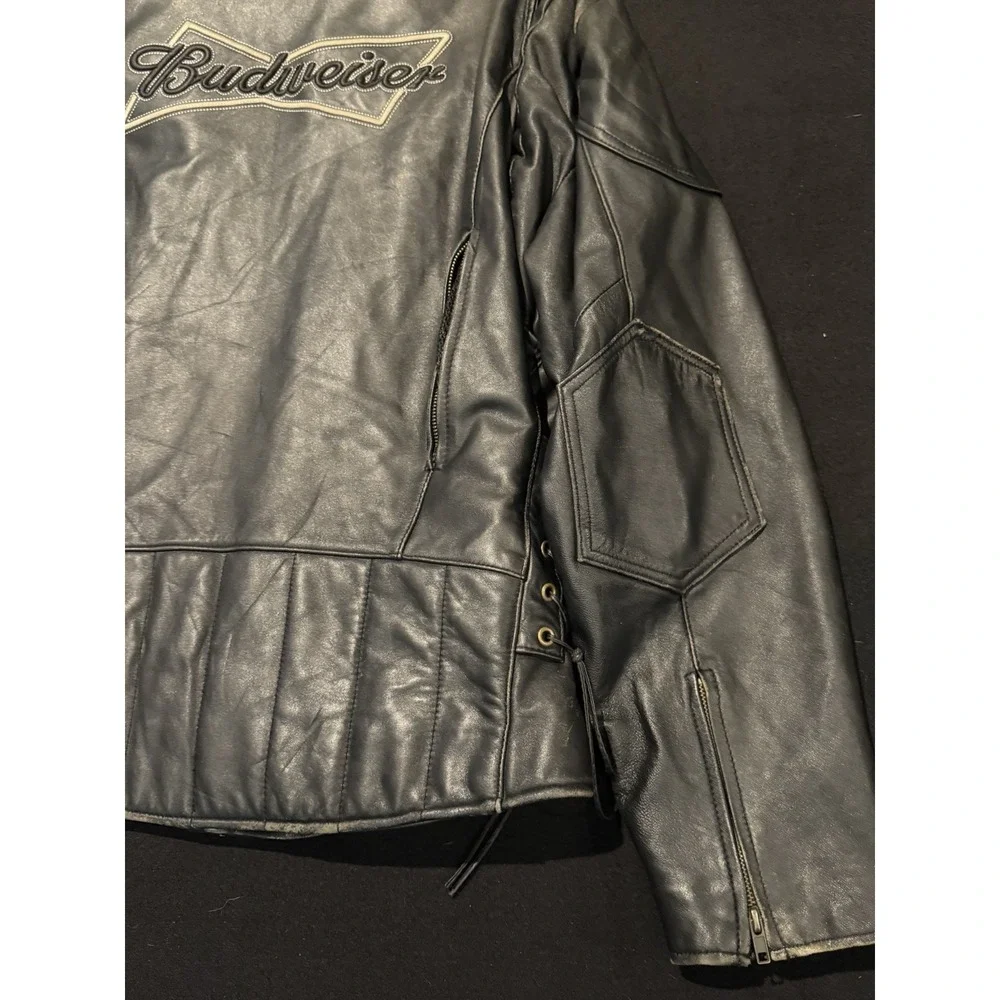 Budweiser Vintage Black Leather Embroidered Jacket Mens XL